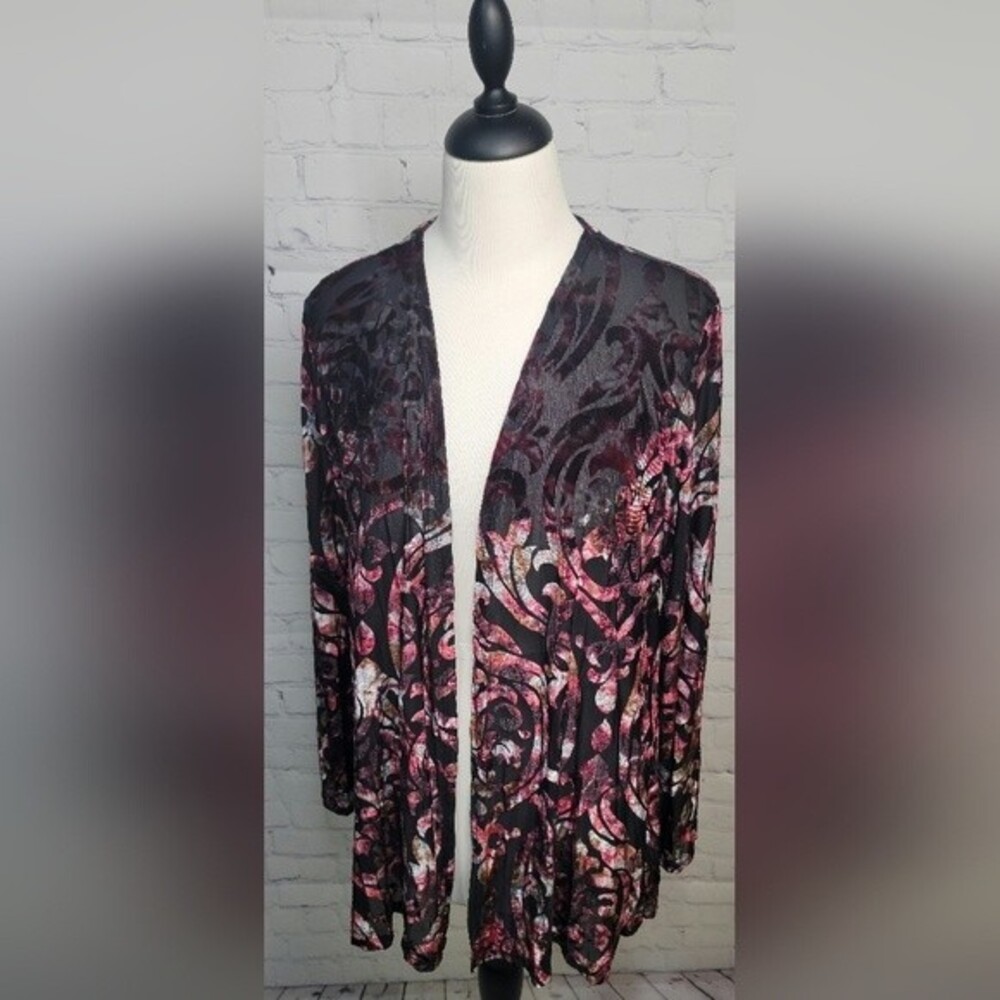 Seven Forty Two Open Front Cardigan Velvet Burnout Sz L Burgundy Layering Career